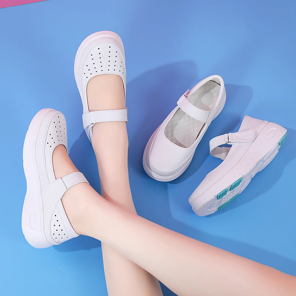 

Кожаная обувь для медсестер на воздушной подушке, женская обувь на мягкой подошве, женская обувь на толстой подошве, нескользящая белая медицинская обувь, одношаговая обувь на плоской подошве