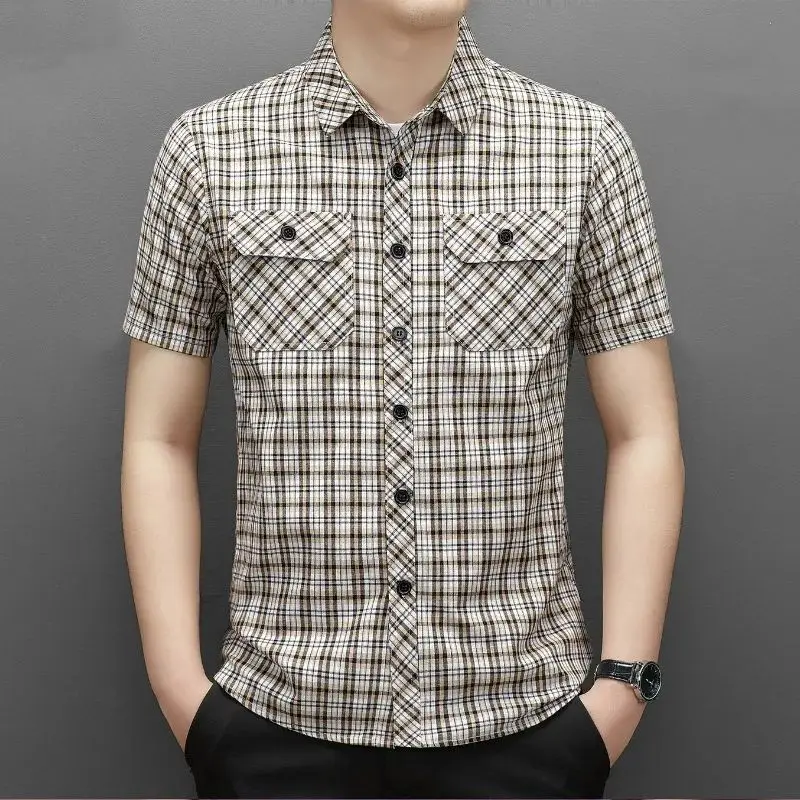 

Summer Cotton Slim Fit irt for Men Plaid Striped ort Sve Casual Workwear f High Collar Youth Faion Wide Edition