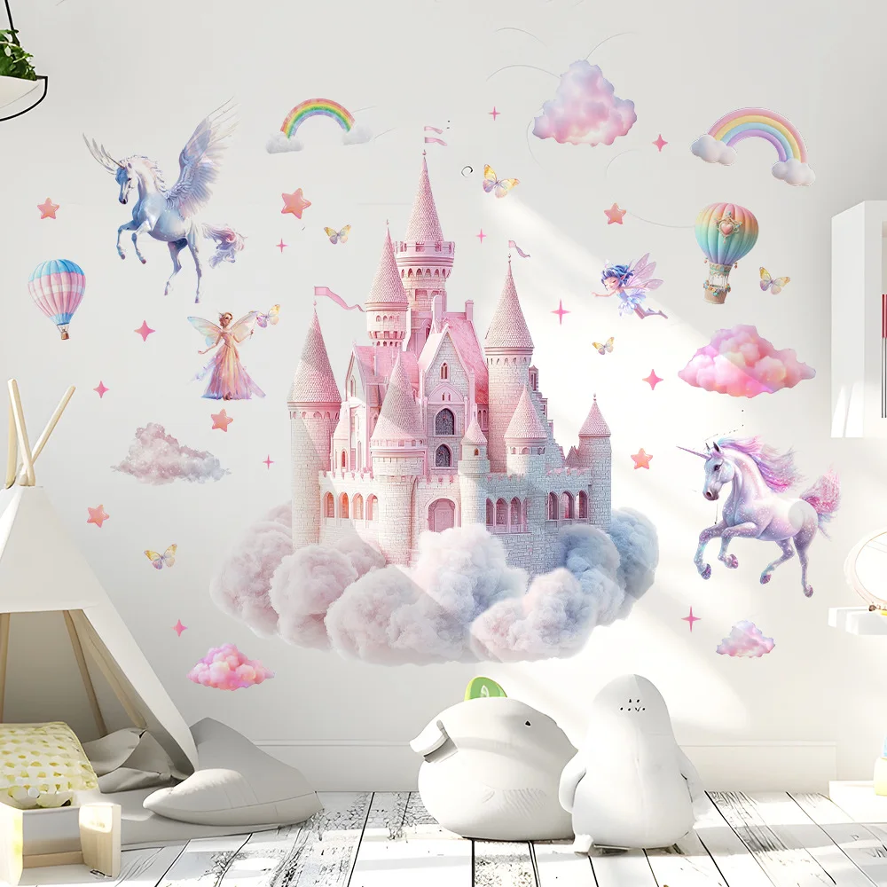 Adesivos Mágicos de Parede Castelo em Aquarela, Adesivos de Fadas Unicórnio e Pégaso Rosa, Decoração Removível de Descolar e Colar para Quarto de Meninas