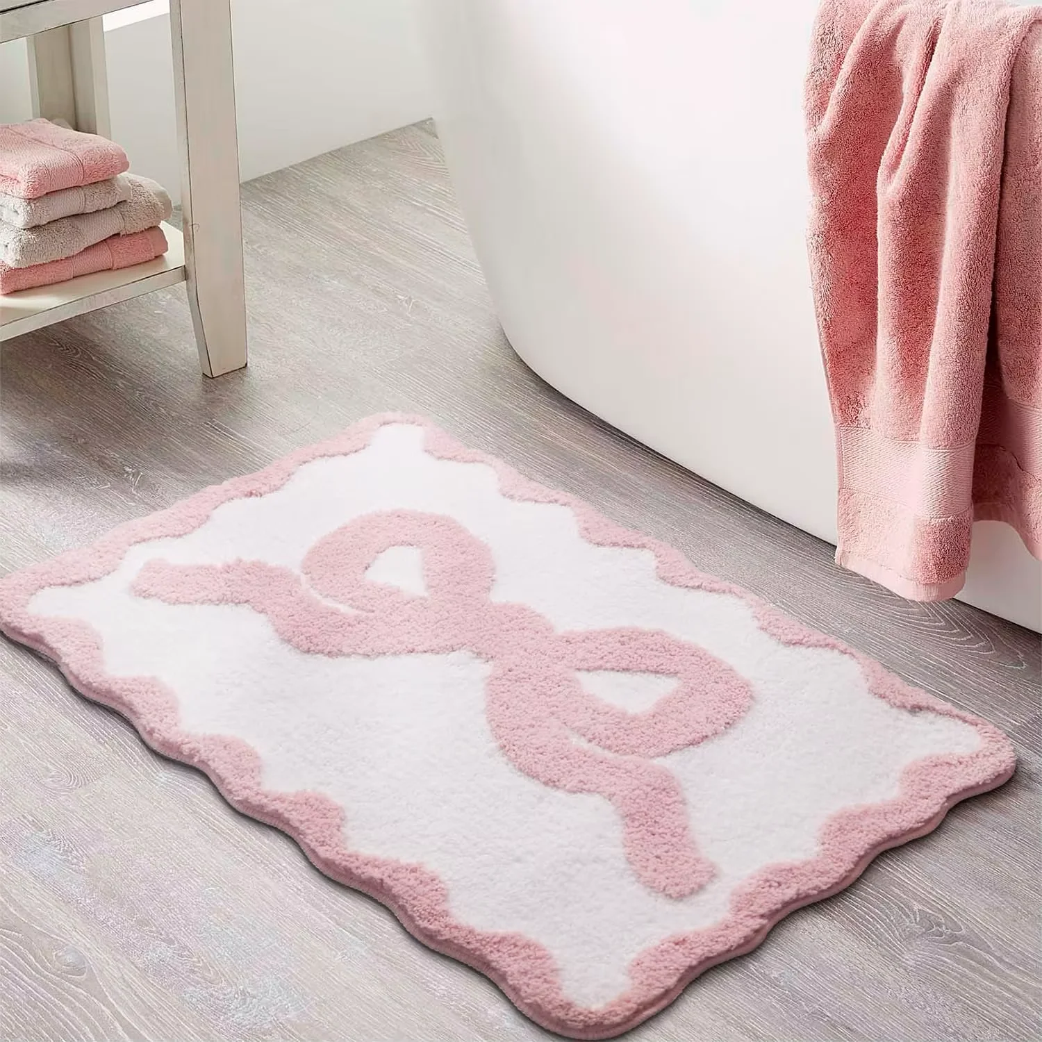 VIKAMA 1pcs Pink Bow Bath Mat for Bathroom  Cute Preppy Rugs with Scalloped Edges, Soft Microfiber, Ultra Absorbent, Non-Slip