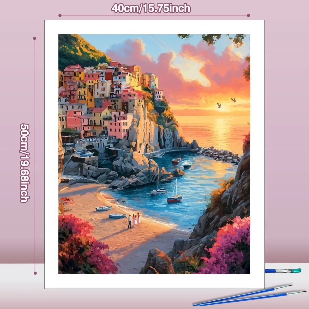Huacan Painting Paints By Numbers Sunset Seaside City Digital Oil Painting Handpainted Landscape Picturfes Room Decor﻿﻿﻿