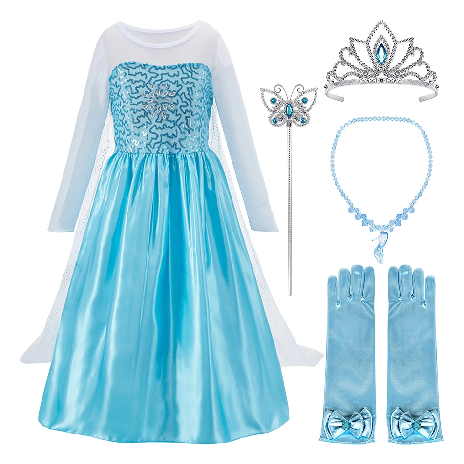 Kids Snow Queen Clothing Girls Princess Cosplay Dress Elsa Christmas Carnival Snowflake Tulle Layered with Accessories Costume