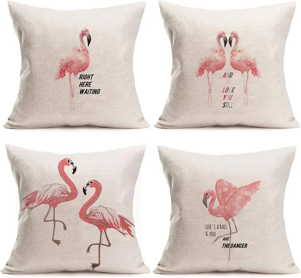 Flamingo Pillow Case Tropical Animal Pink Linen Square Summer Home Decoration Pillow Cover Sweet Text Sand Cushion Cover