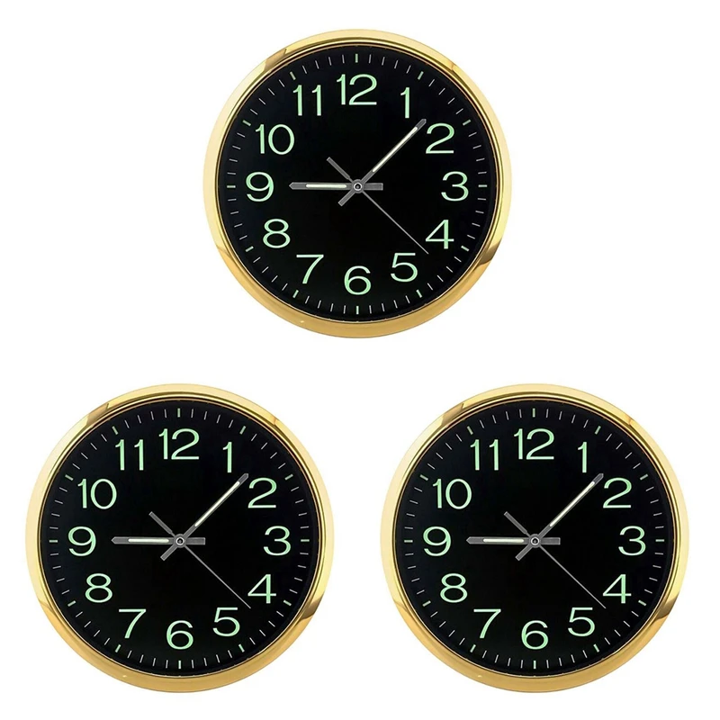 3X 12 Inch Round Large Luminous Wall Clock Glow In The Dark Non-Ticking Indoor Decor -Golden