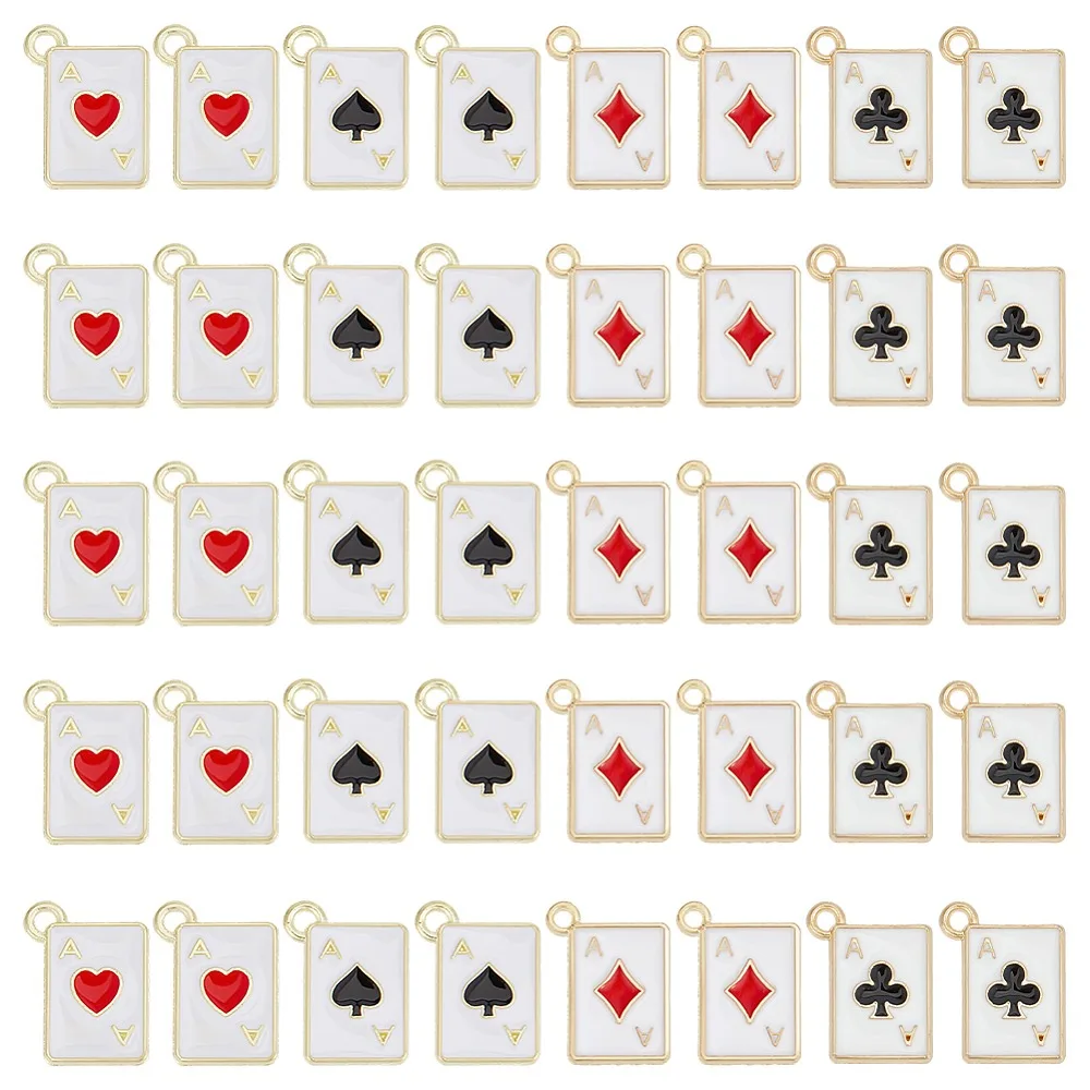 40Pcs 4 Styles Alloy Enamel Pendants Rectangle with Playing Card Charm Mixed Shapes 15x11x1mm Hole: 1.2mm 10pcs/style
