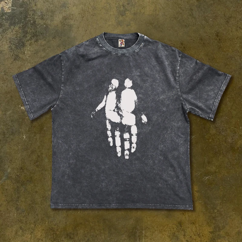 Dark Style Wearing Couple Short Sleeve T-shirts Vintage High Street Youth Fashion Loose Fit round Neck Shoulder Pad Design