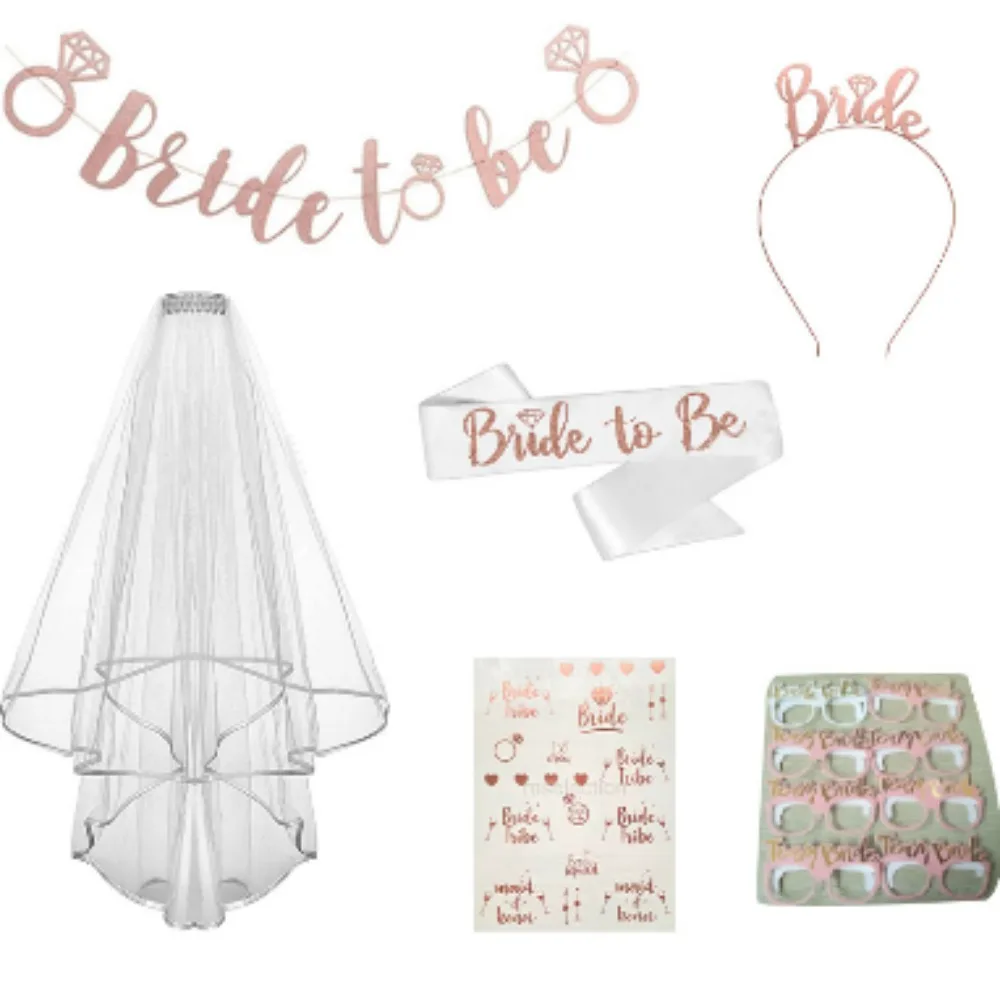 

Wedding Dress Accessories Rose Gold Tattoo Stickers Double White Veil White Perm Rose Gold Strap Crown Pink Glasses