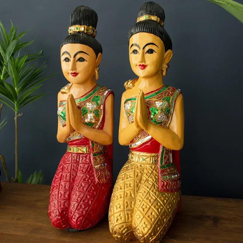 Thai Welcome Female Wood Carving, Solid Wood Kneeling Ornament, Hotel and Restaurant Decoration, Character Display Stand