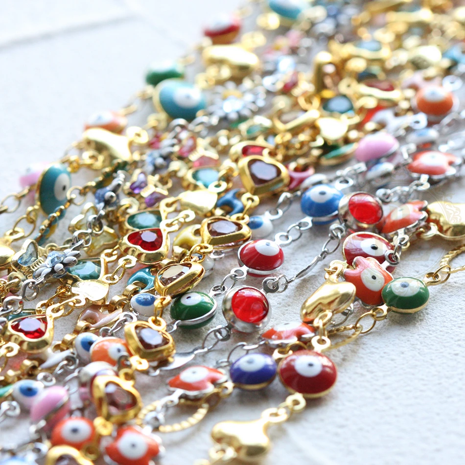 

One Meter Hand Enamelled Eye Heart or Flower Plated Chain