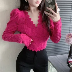 New Women's Clothing 2023 Autumn Winter V-Neck Lace bottoming Shirt puff Long Sleeve T-shirt  Short Top camisetas