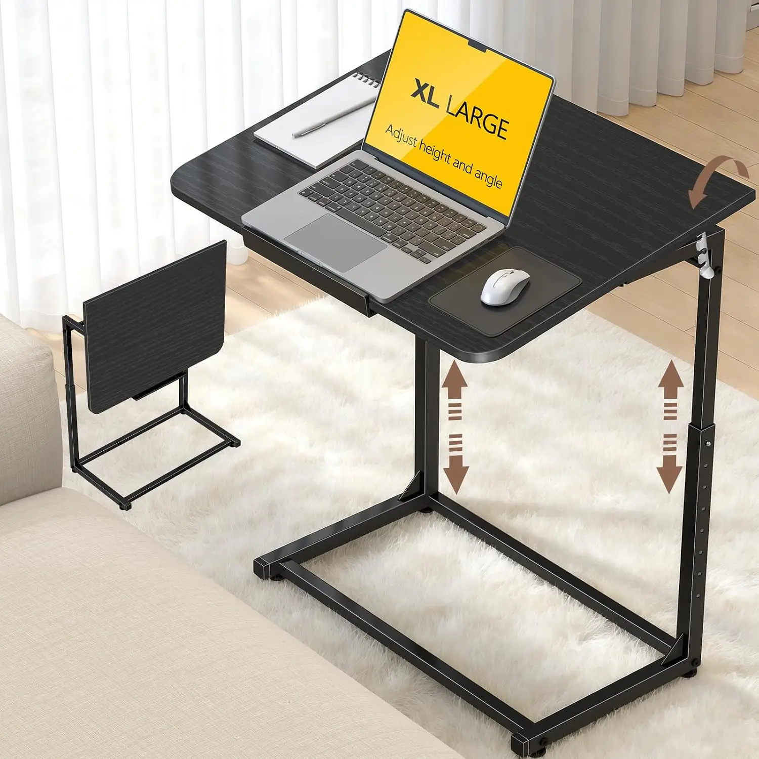 Extra Large Heavy Duty TV Tray Table, 23.6" Folding C-Shaped Laptop Desk for Couch & Bed, Height & Tilt Adjustable Overbed End Table with Phone/Tablet Slot, Easy Clean Walnut Finish for Small Spaces