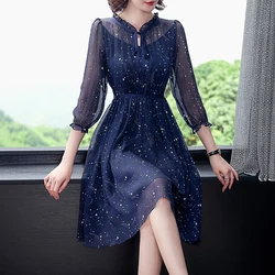 Dresses New Spring Summer Women Elegant Slim Dress Fashion Starry Sky Floral Navy Blue Chiffon Dress Dress for Women