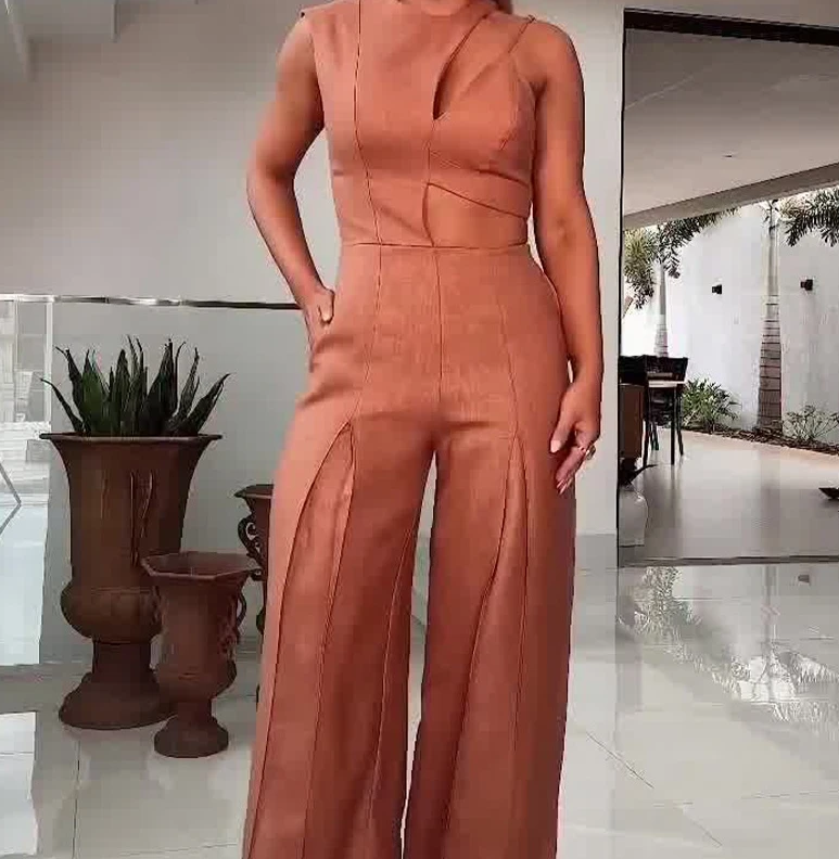 Summer Jumpsuit 2024 for Women Casual Style Fashion Round Neck High Waisted Solid Color Hollow Out High Waist Wide Leg Jumpsuit