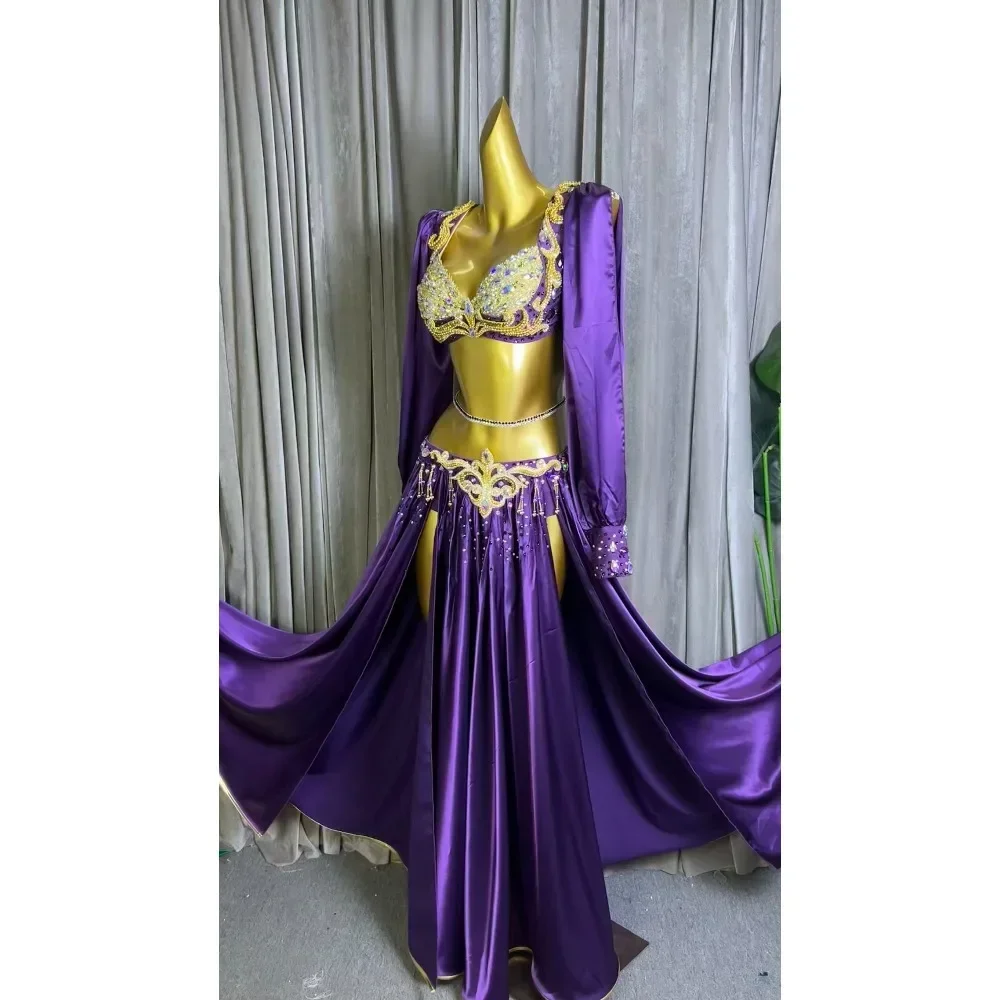 Customized Belly Dancewear Group Performance Dress with Diamond Women's Green Sleeves Bra Big Swing Skirt Leg Chain Necklace Set