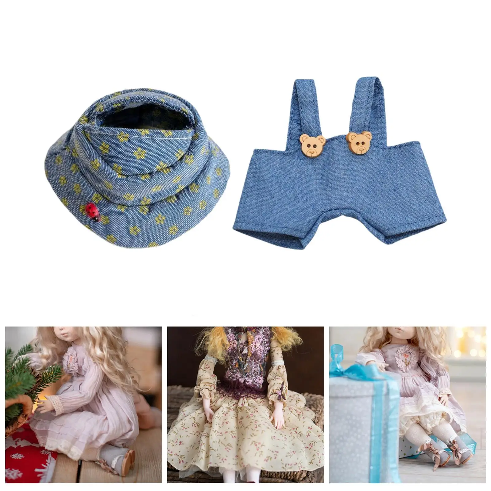 17cm Plush Doll Clothes Doll Denim Overalls with Hat Stuffed Plush Doll Dress up DIY Stuffed Animals Clothes Comfortable Fashion