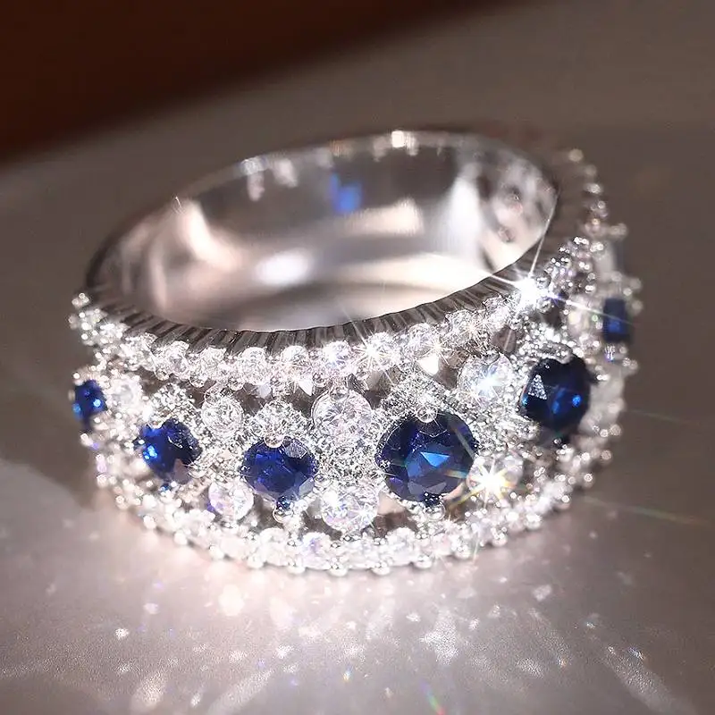 Huitan Edler, bezaubernder Ring für Damen, Hochzeit, Modeaccessoires, eingelegter blauer/weißer CZ, eleganter Party-Verlobungsring, zarter Schmuck