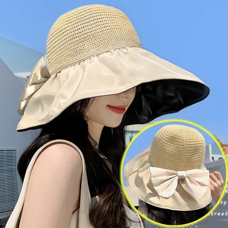 Summer Black Glue Bow Solid Color Bucket Hat SunHat Hollow Open Fishman Cap Straw Hat UV ProtectionLarge Brim Face Sunscreen