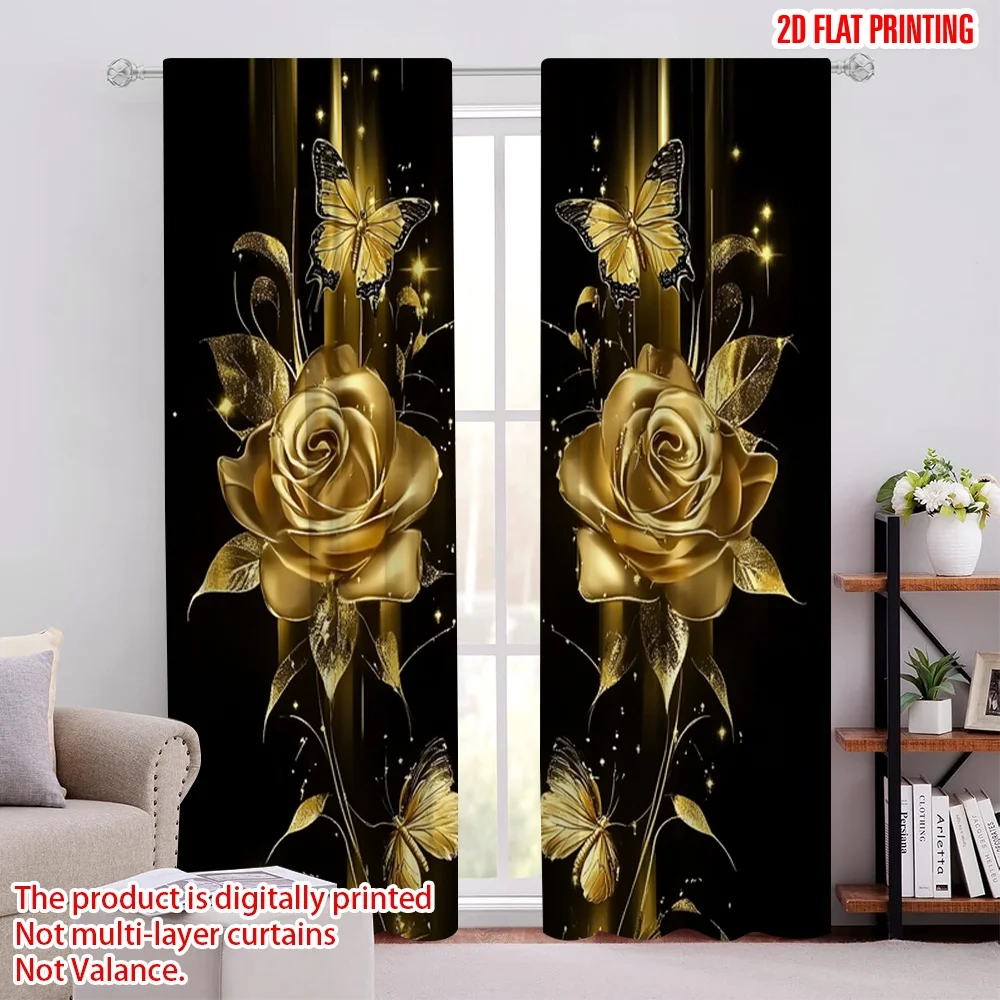 

2Pcs 2D Flat PrintingLuxurious Rose Golden Floral And Butterfly Printed Curtain Suitable For Living Room Dining Room Kitchen