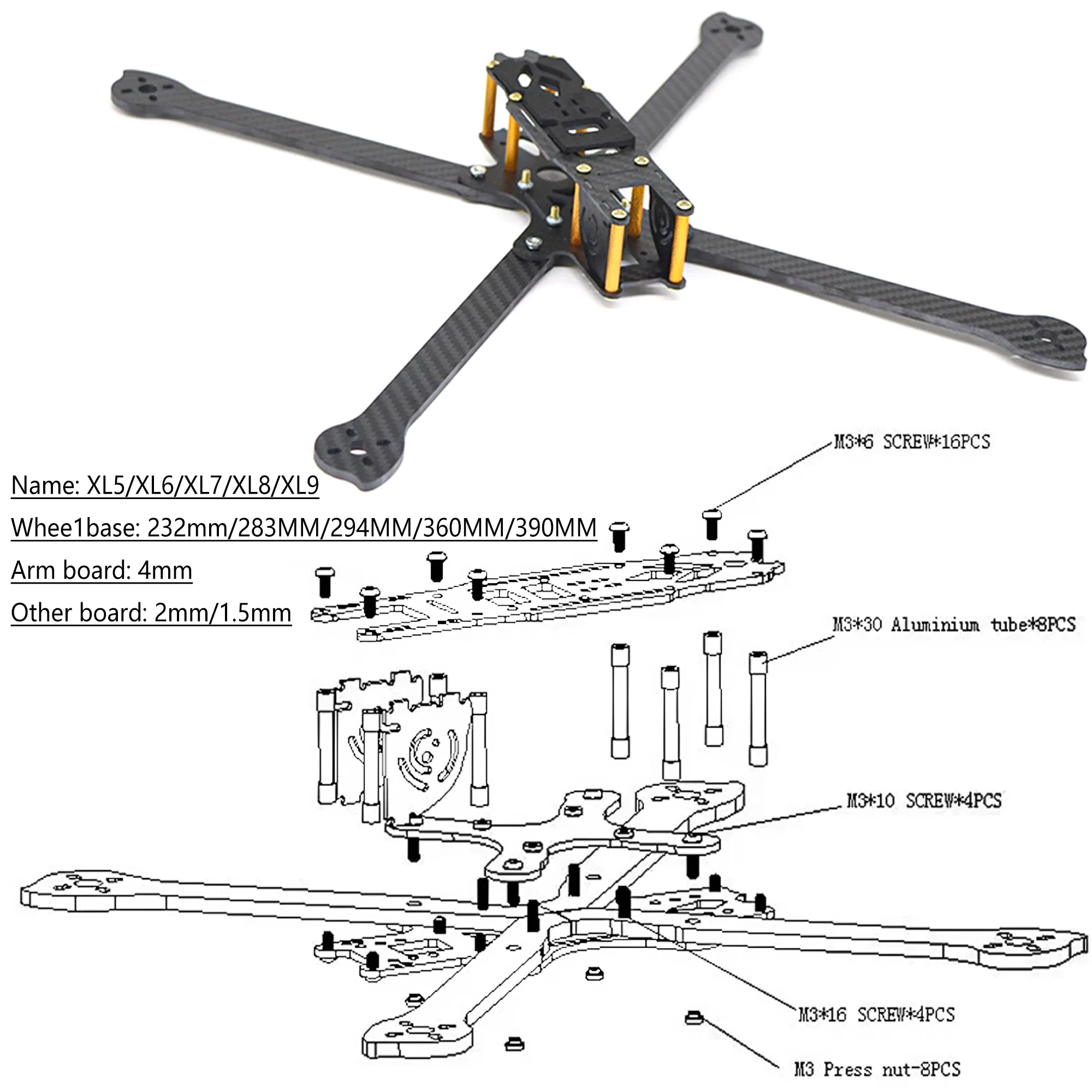 Quadcopter 3K Full Carbon Fiber 232mm 283mm 294mm 360mm 390mm XL5 XL6 XL7 XL8 XL9 FPV Rack Freestyle carbon fiber frame