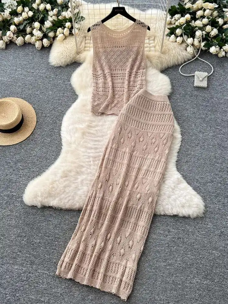 

Women Korean Knitted Two Piece Set Summer Casual Hollow Out Sleeveless Knitted Top High Waisted Wrap Skirt Sweater Outfits