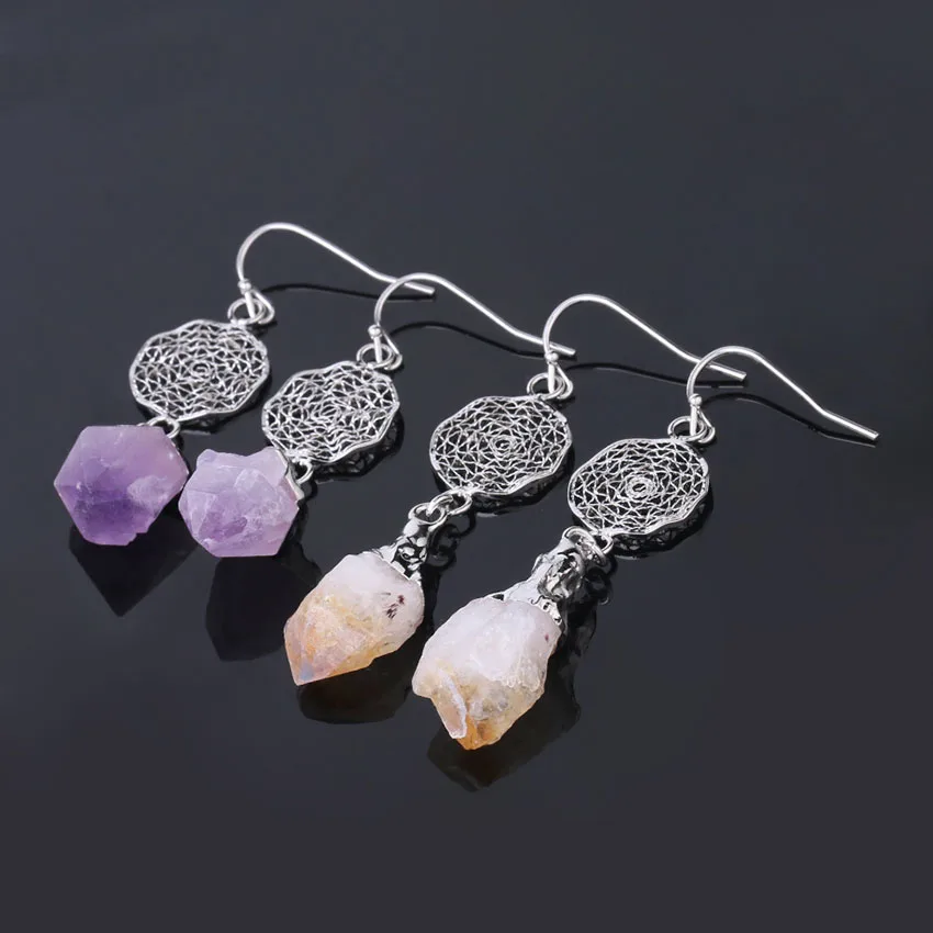 Irregular Crystal Stone Earrings For Women Natural Amethyst Citrine Quartz Reiki Round Net Dangle Hook Women's Earring Jewelry