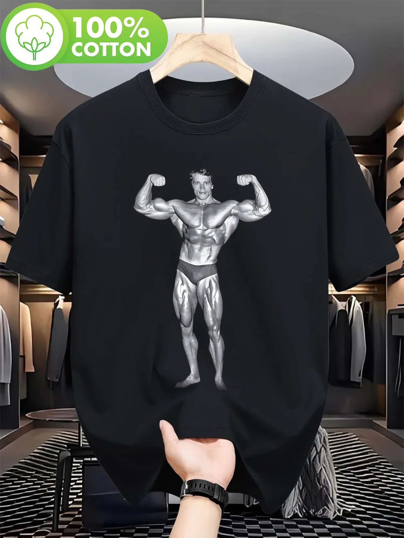 Men's Retro Fitness Sports T-shirt-retro Muscle Bending Design, Black with White Print-classic Short Sleeve T-shirt, Suitable for Gym, Leisure and Theme Activities-all Season Comfortable T-shirt, Suitable for Fitness Enthusiasts, Gym Wear, Strong