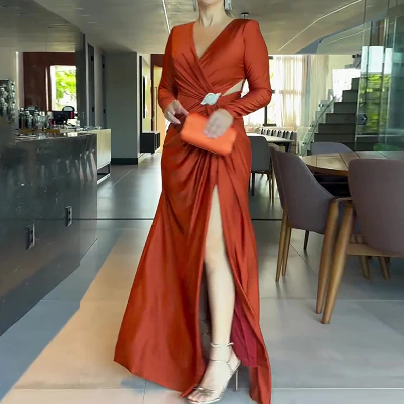 Fashion Hight Waist Draped Women\'s Dress Elegant Crossover V-neck Split Long Dress Casaul Long Sleeve Solid Evening Party Dress