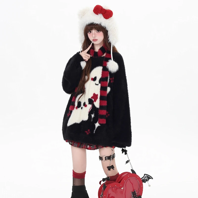 Cuteness Ghost Subcultural Y2K Sweater Pullovers，Women Soft Slouchy Knitted Autumn Winter Tops，Send A Scarf As A Gift