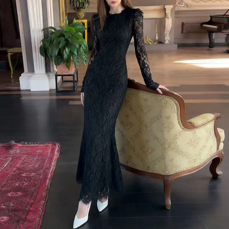 

O-neck Solid Color Wrap Hips Party Dresses Elegant High Waist Women's Prom Gowns Lace Embroidery Slim Pleated Evening Dress
