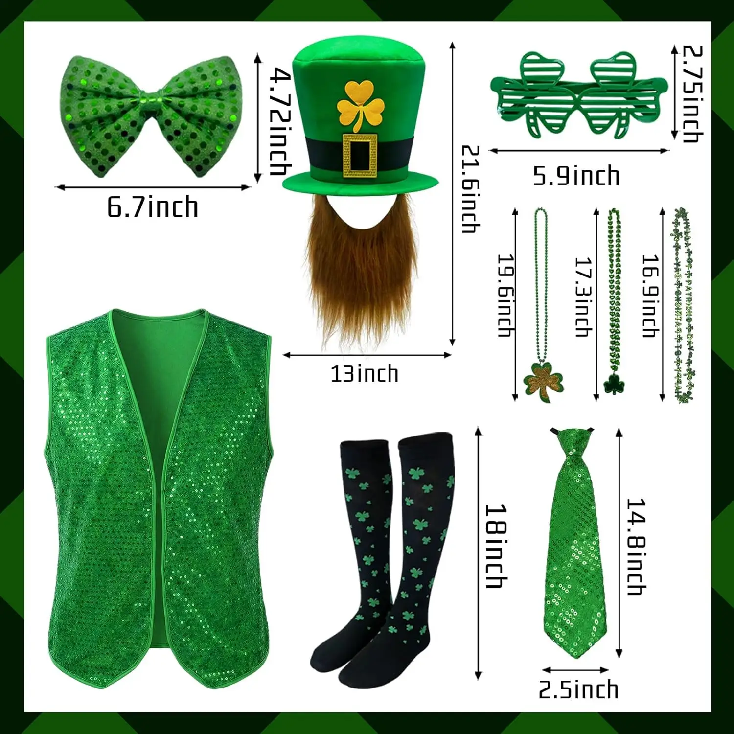St Patrick's Day Costume Set 10 Pieces with Sequin Vest Shamrock Hat Irish Faux Mustache Sets Saint Patrick Day Home Party Decor