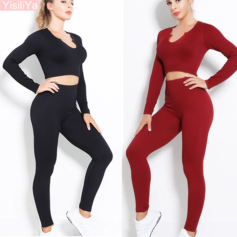 

Training Clothing Suits Women's Fitness Leggings Sportswear Long Sleeves for Threaded U-Neck Bust Seamless Breathable Gym Yoga