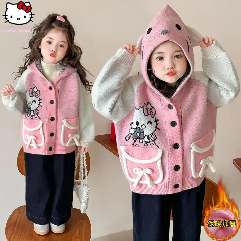 الأطفال الكرتون القط مقنعين معطف سميك Kawaii الخريف الشتاء جديد أنيمي سترة الفتيات سترة مشغولة من الصوف بلوزات الكورية الموضة #5