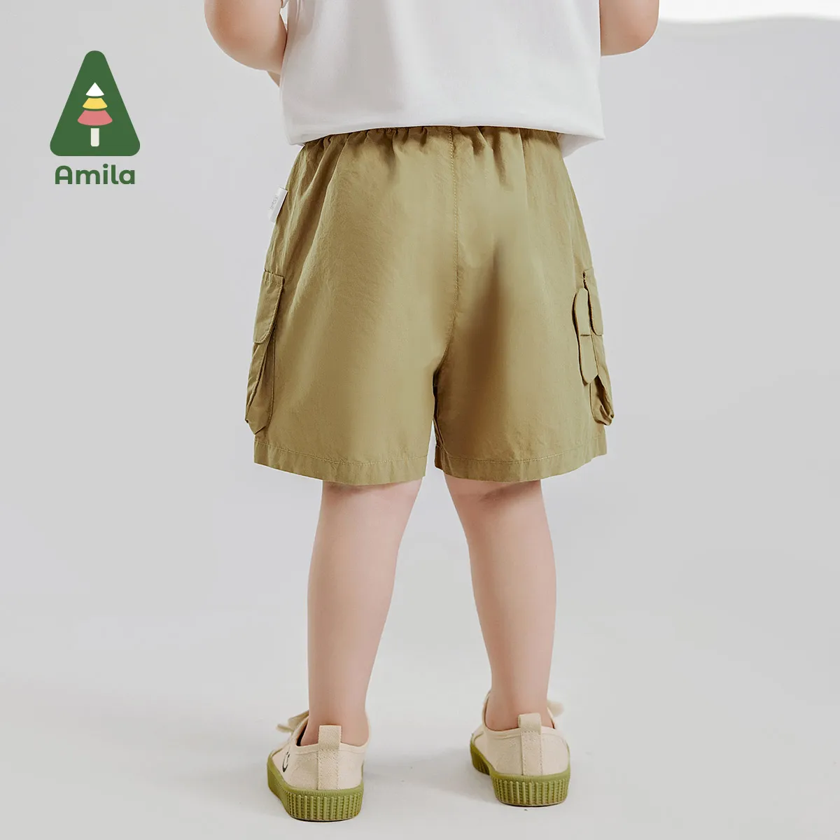 Amila 2024 Summer New Boys Bottom 100% Cotton Solid Color Cartoon Elephant Pocket Cargo Quarter Pants