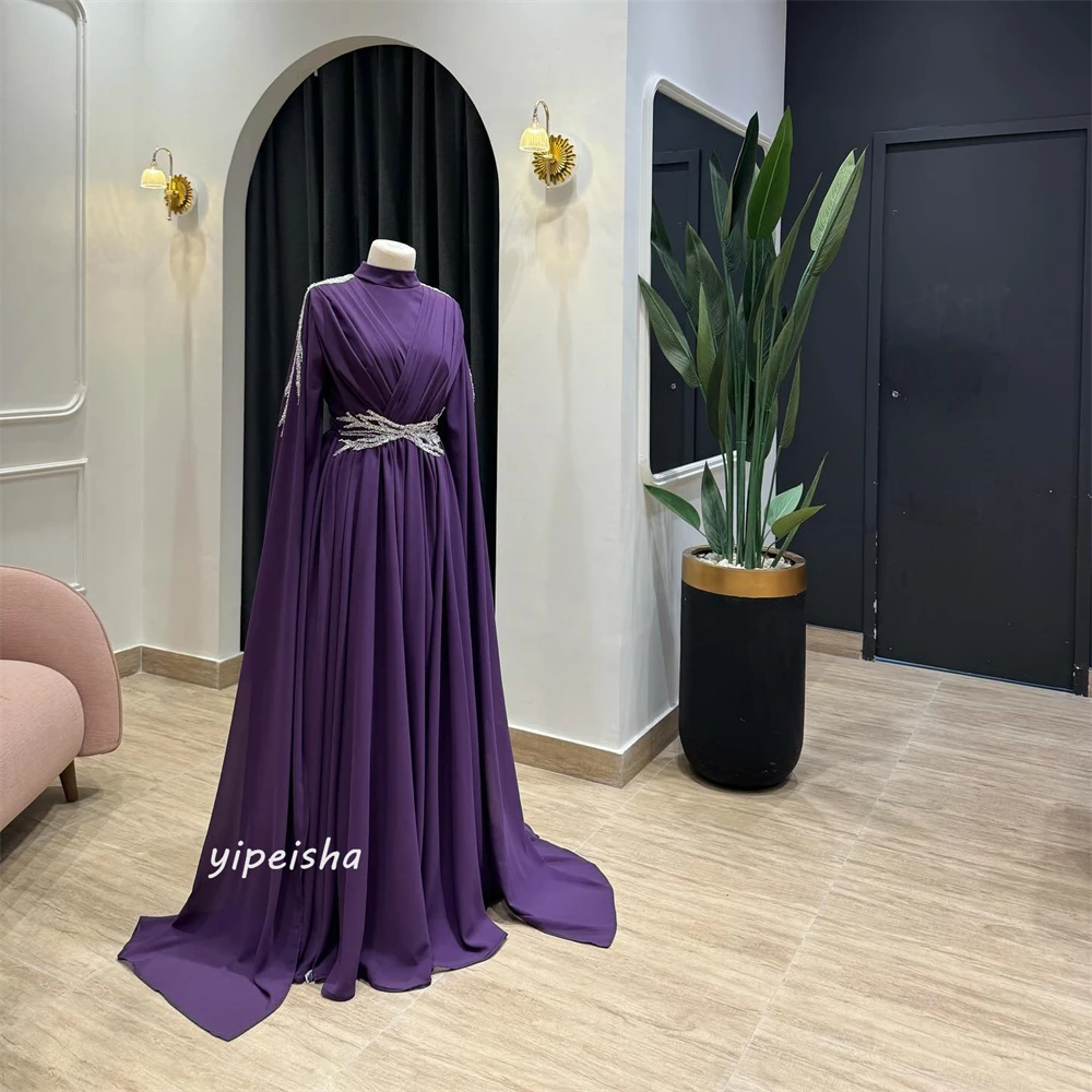 Disesuaikan kualitas tinggi gaya Modern Formal malam kerah tinggi panjang lantai A-line manik-manik Satin Bespoke acara gaun