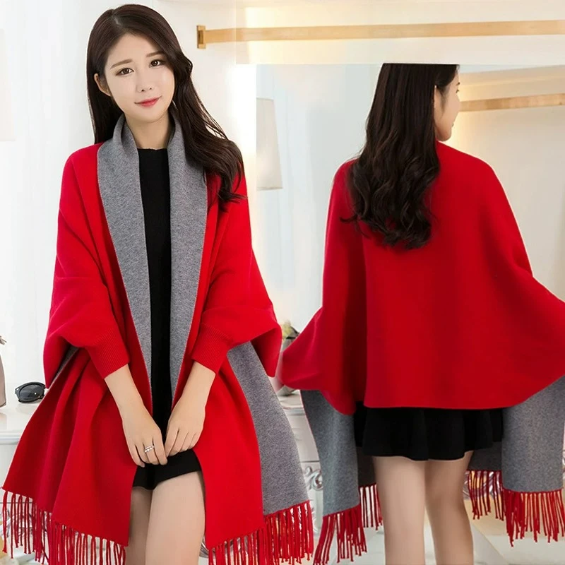 Wool Women's Knitted Shawl Scarf Soft Warm Knitwear Cardigan Cloak Wraps Shoulder Neck Protect Pashmina Scarves Dual Use D831
