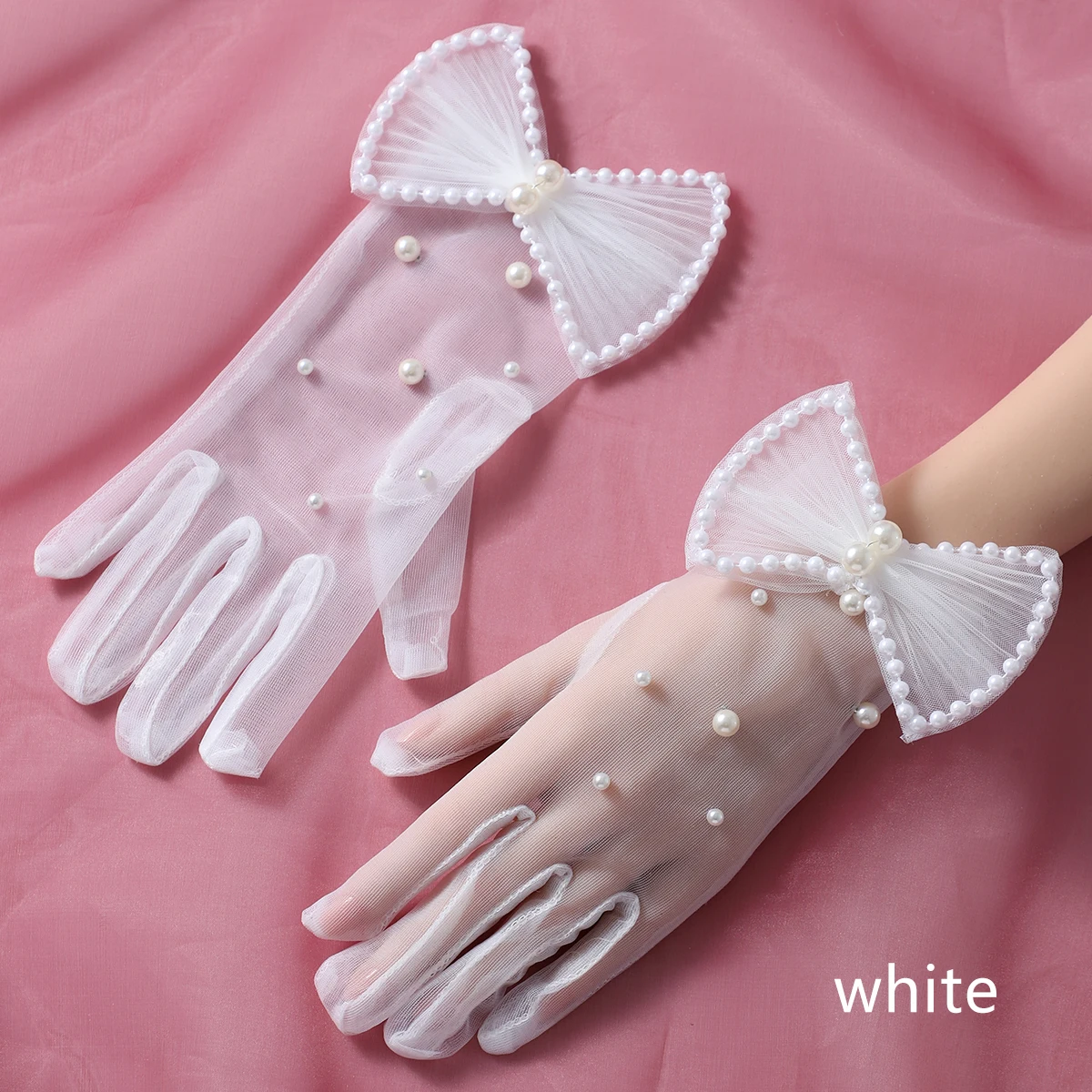 Guantes de fiesta llenos de estilo elegante para mujer, guantes de vestir con cuentas blancas con lazo, adecuados para Bola de boda