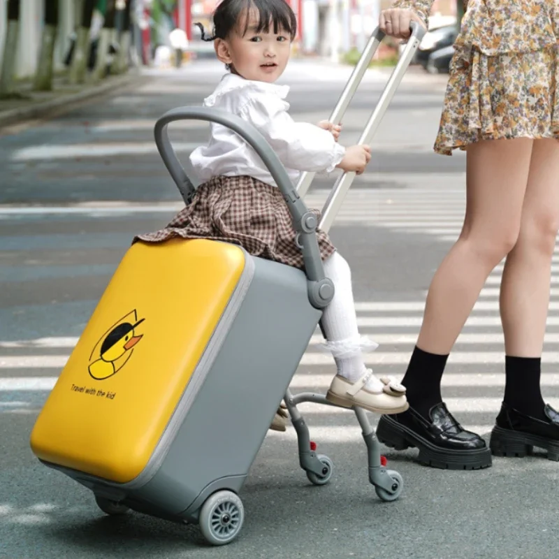 New Kids luggage, cartoon travel suitcase on wheels can sit down, with guardrail and large capacity carry on  trolley suitcase