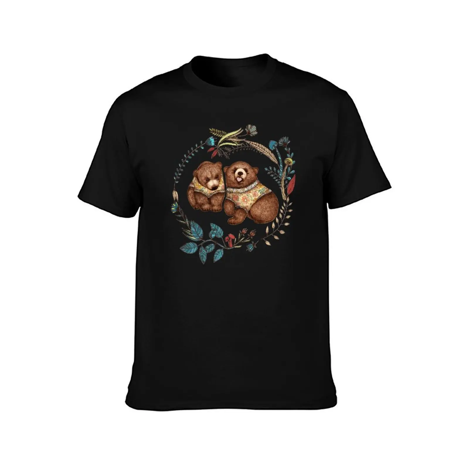 Whimsical Bear Pair with Fantasy Flora T-Shirt Simple Casual Short Sleeve Tee T-Shirt