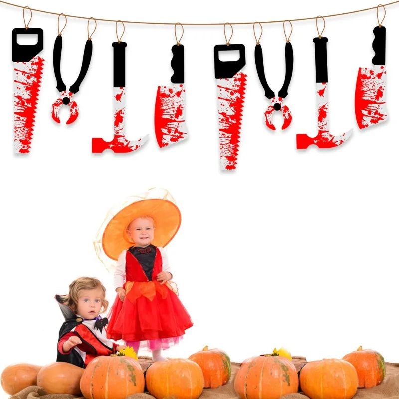 Halloween Horror Decorations Prank Realistic Hanging Ornaments Banner Bar Haunted House Bloody Knife String Pendants Trick Props