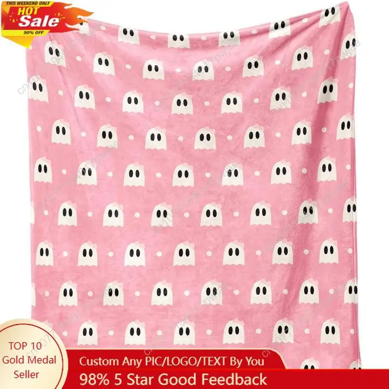 

Halloween Blanket,Halloween Pink Polka Dots Spooky Ghost Fleece Blankets, for Women Flannel Throw Blanket for Home Living Room C