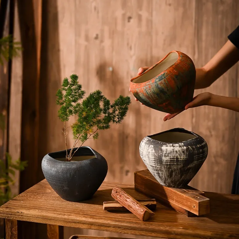 Ceramic Flower Pot Retro Coarse Ceramic Flower Vessel Pots for Plants Home Creative Retro Small Flower Utensils Green Plant Pot