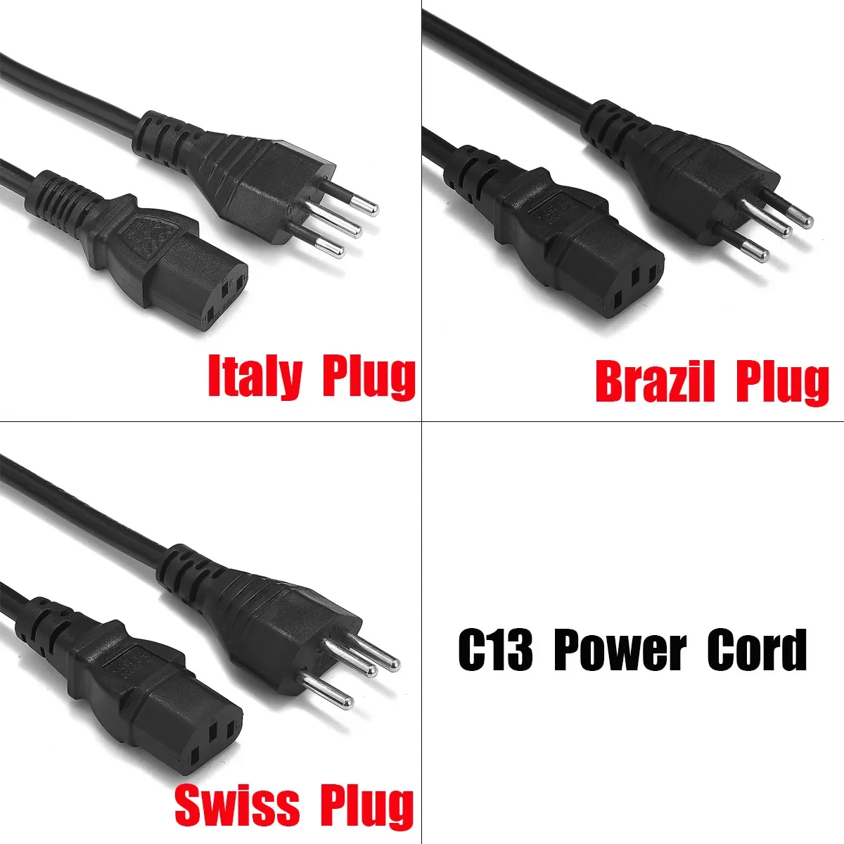 Swiss Power Cable 3Prong Italy Brazil IEC C13 Power Supply Cable For Dell PC Computer Monitor Espon Printer Sony LG TV Projector