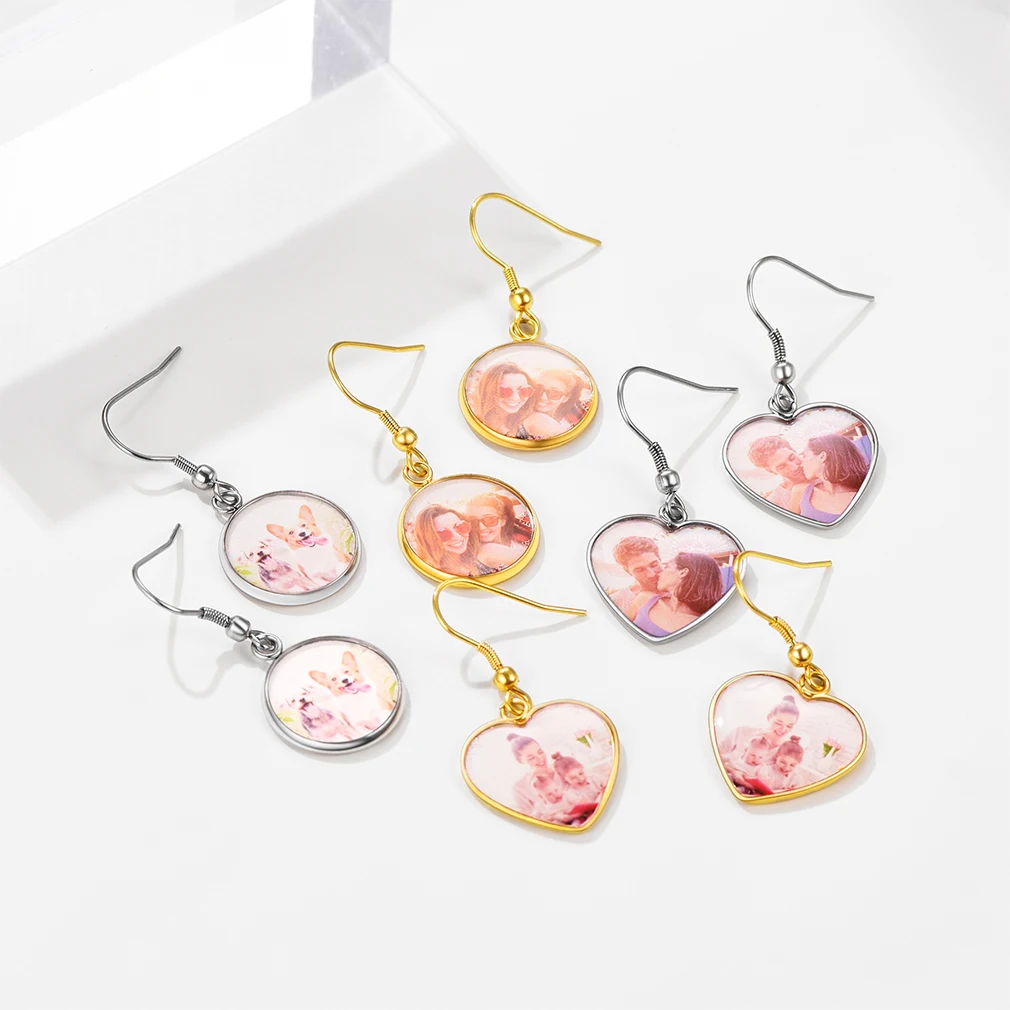 Boucles d'oreilles géométriques en acier inoxydable U7 pour femmes, bijoux en forme de larme, cœur rond, photo personnalisée, image personnalisée, cadeau pour elle