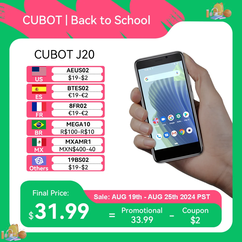 Cubot J20, Android 12, 4인치 미니 스크린, 16GB / 32GB ROM(128GB 확장), 듀얼 SIM 4G, 2350mAh 배터리, 5MP 후면 카메라,  WIFI, Bluetooth, GPS, 페이스ID 