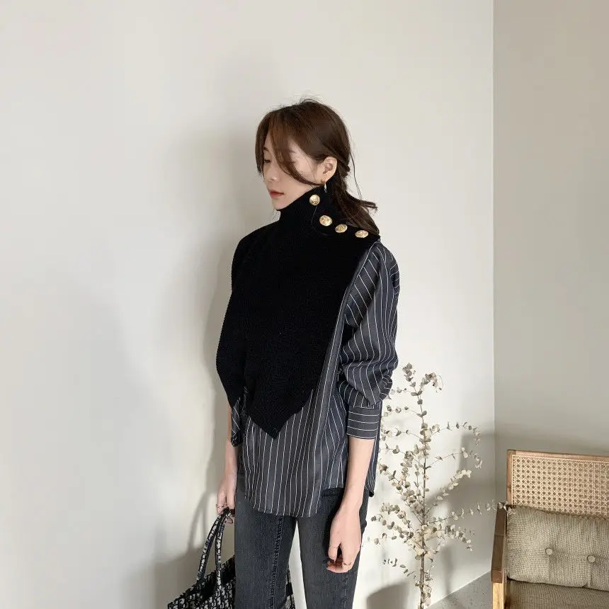 Fashionable Casual Outerwear American Niche Design Sense High Neck Chic Striped Fake Two-piece Shirt Sweater Shawl for Women