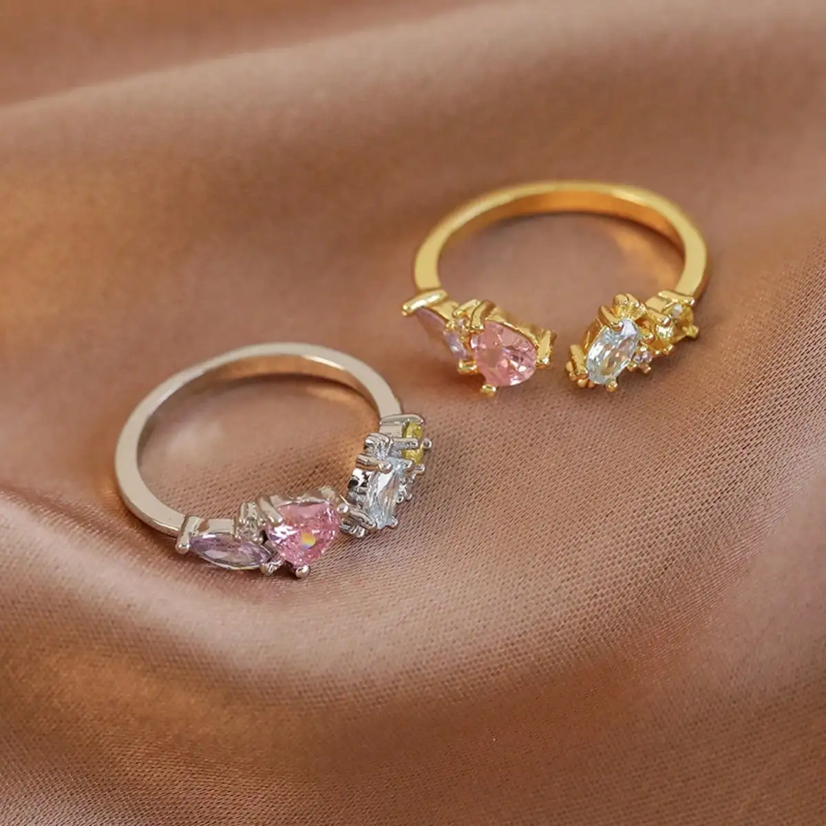 Fashionable Versatile Accessories Geometric Micro-Pavé Zircon Pink Heart Open Ring Niche Statement Ring Jewelry