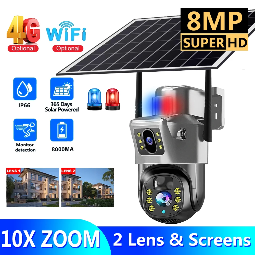 

Wifi Security Camera 8MP HD Solar Outdoor Surveillance Camera Waterproof 4K Home Interior Minitor with Light 360 PTZ 4G Wireless