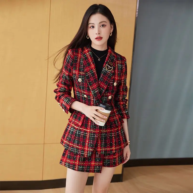 Tweed Blazer and Shorts for Ladies, Small Fragrance Plaid Suits, Double Breasted, High Waisted, Two-Piece Sets, Autumn Winter