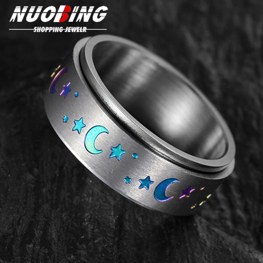 Stainless Steel Moon And Star Fidget Rings For Men Anti Stress And Anxiety Rotating Ring Fidget Metal Spinner Anillos