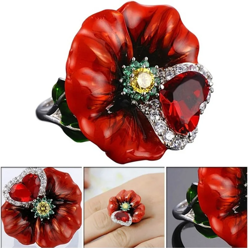 Red Flower Jewelry Set Series Trendy Rose Flower Zircon Earrings Necklace Ring Jewelry Set For Women Wedding Jewelry